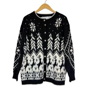 Vtg The Eagles Eye‎ Studio Wool Cardigan Sweater Reindeer Snowflake Black Sz S